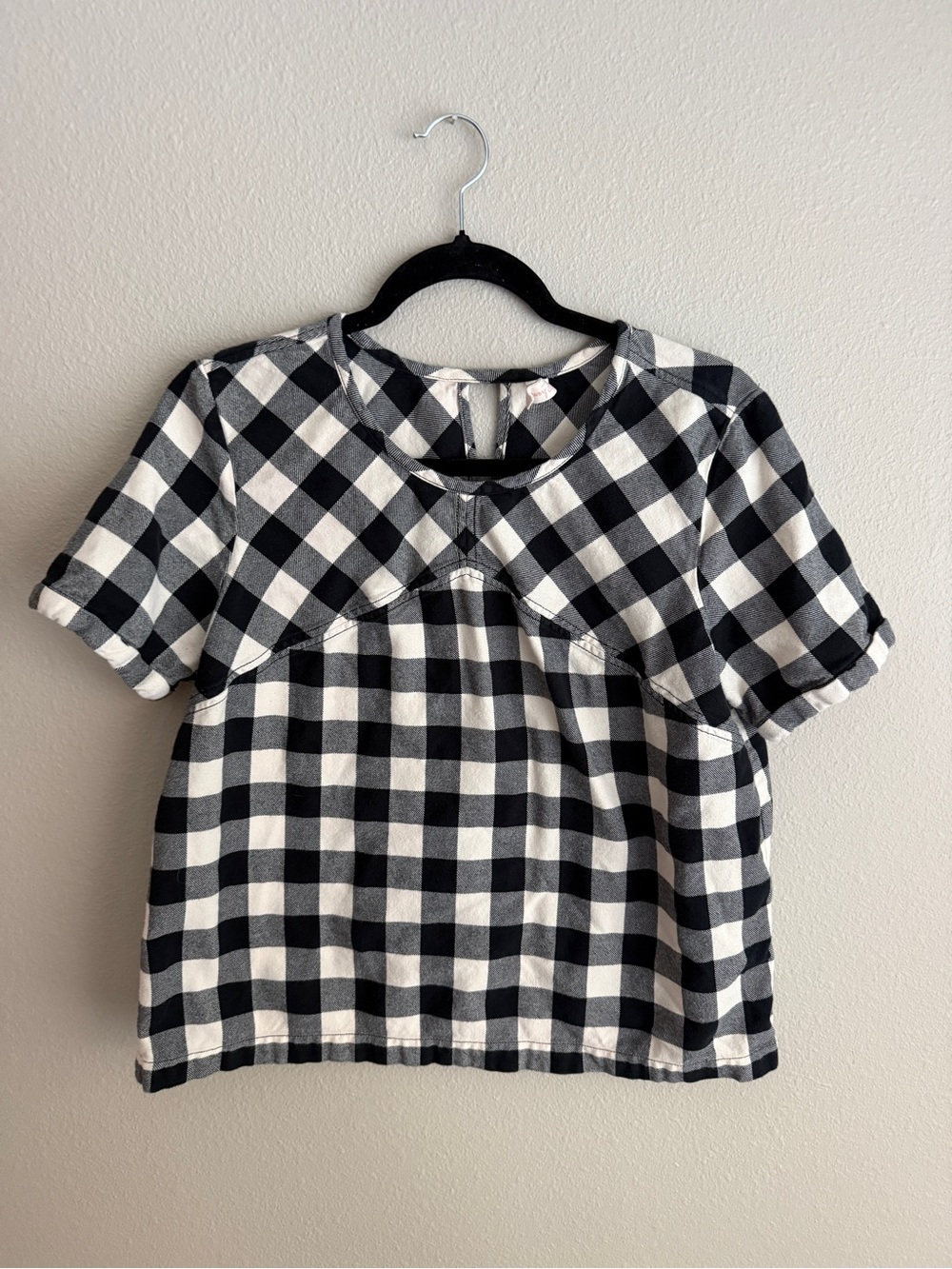 Hanna Andersson Womens Sz L Short Sleeve Boxy Top Check Plaid Black Flannel